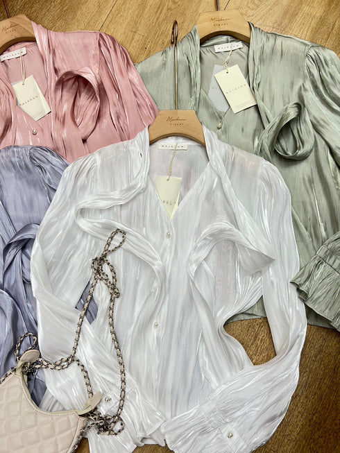 Casual Collar Tie Shirts With Long Lantern Sleeves